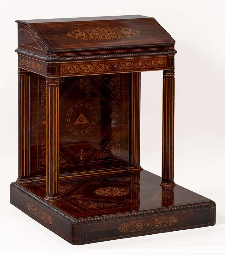 An unique Italian carved and veneered kingwood and maple inlaid Massonic Lectern